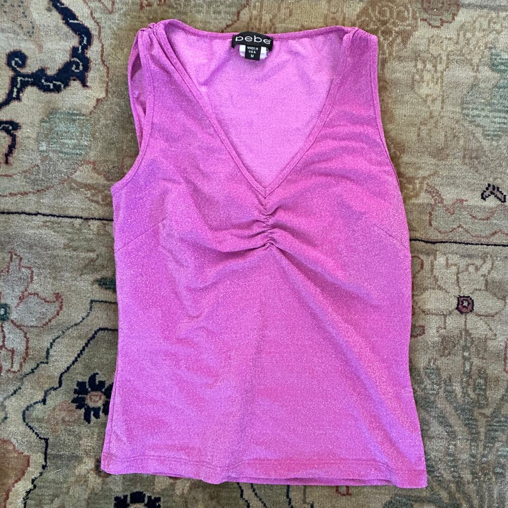 Vintage Bebe Pink Sparkle Ruched V-Neck tank top Size M 90s